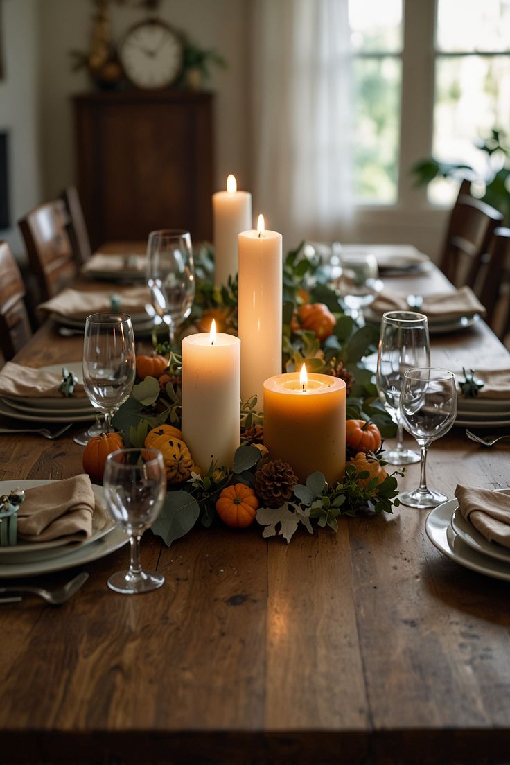 a wooden table topped with candles and plates