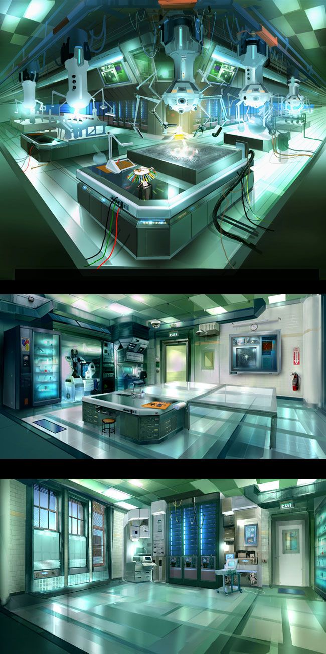 three different views of a futuristic kitchen and dining room with lights on the counter tops