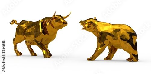 two gold bull statues facing each other