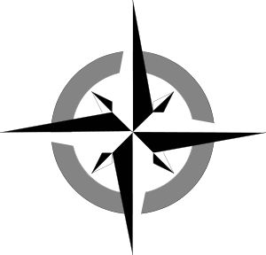 a black and white compass symbol with an arrow pointing to the center, on a white background