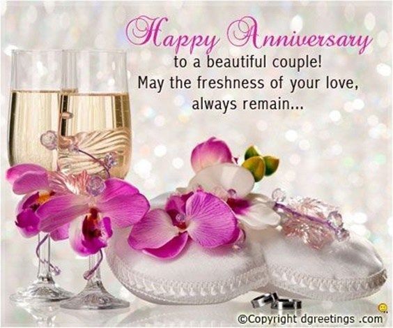 two wine glasses with pink flowers on them and the words happy anniversary to a beautiful couple may the freshness of your love, always remain