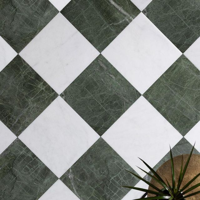 a potted plant sitting on top of a white and green checkered tile floor