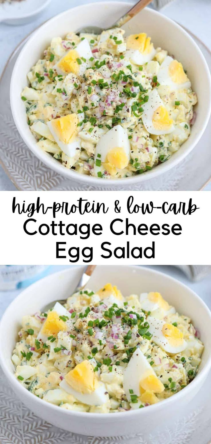 an egg salad in a white bowl on top of a blue table cloth with the words high - protein low - carb cottage cheese egg salad