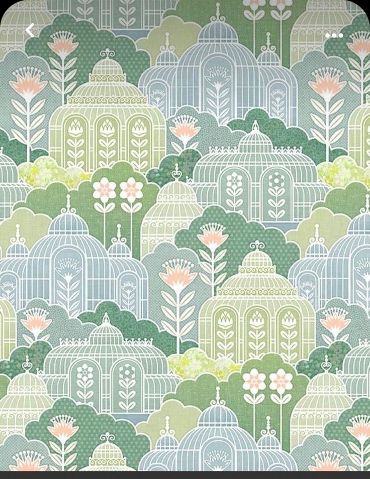 a green and blue wallpaper with lots of flowers