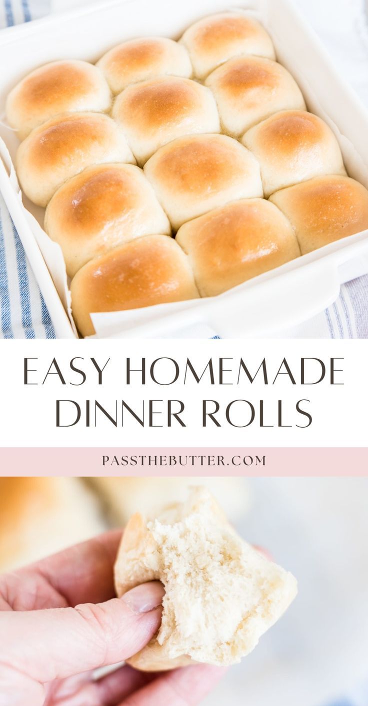 easy homemade dinner rolls in a white dish with text overlay that reads easy homemade dinner rolls