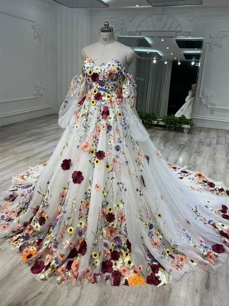 Multi Color Wedding Dress, Dress Covered In Flowers, Wedding Dresses Embroidery Flowers, Colorful Bridal Gown, White Wedding Dress With Colored Flowers, Bright Floral Wedding Dress, Colourful Floral Wedding Dress, Wedding Dresses With Embroidered Flowers, Wedding Dress Colorful Flowers