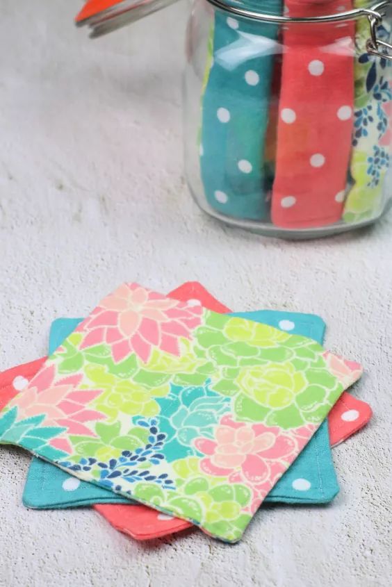 three diy fabric coasters with text overlay that says how to make them at home