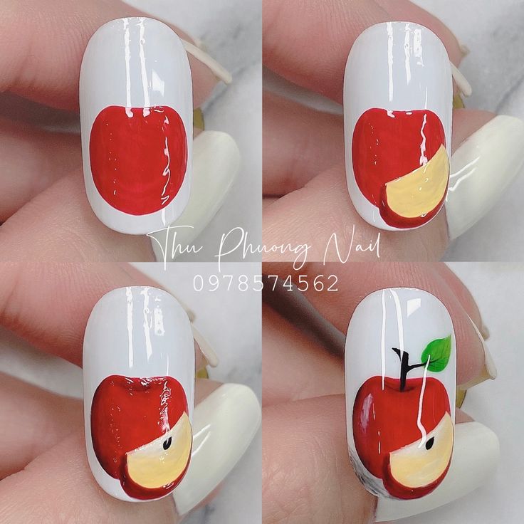 Apple Nail Art, Fruit Nail Designs, Nail Tech School, Deco Nails, Fruit Nails, Fruit Nail, Pop Art Nails, Fruit Nail Art, Animal Nail Art