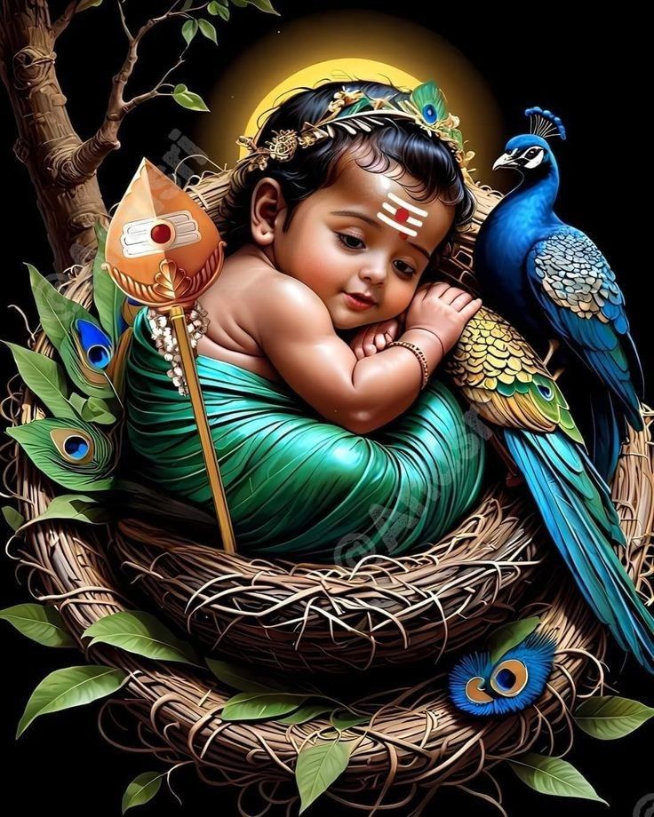 a painting of a baby in a nest with peacocks