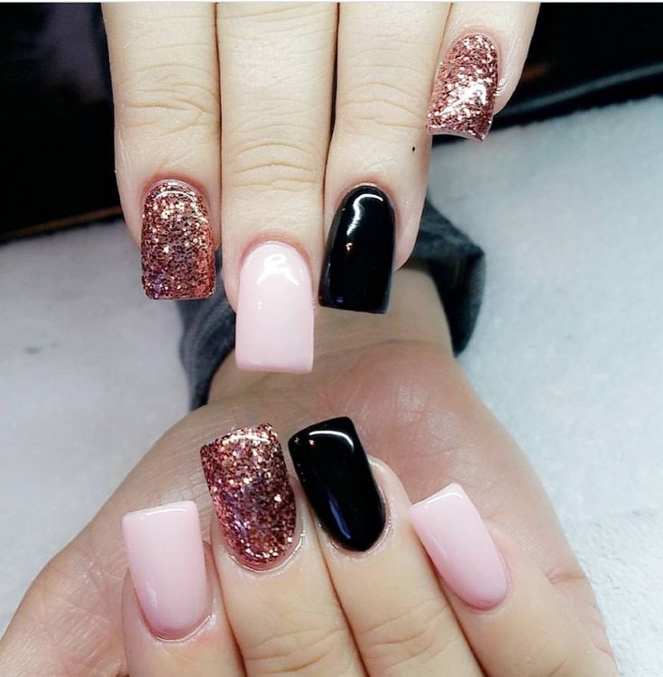 Black, pink, to rose gold By Sherry Hawks, SLT Pink Gold And Black Nails, Black Pink Gold Nails, Black And Rose Gold Nails Short, Rose Gold Nail, Black And Rose Gold Nail Designs, Rose Gold And Black Nails, Black And Rose Gold Nails, Rose Gold Nail Ideas, Do It Yourself Nails