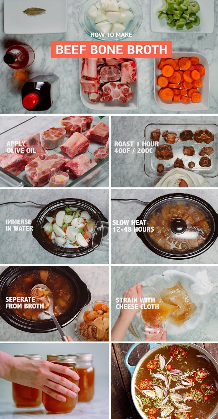 the steps to making beef bone broth are shown in several different pictures, including carrots, onions, and celery