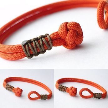 an orange bracelet with two knoted ends and one knot on the end, is shown in three different views