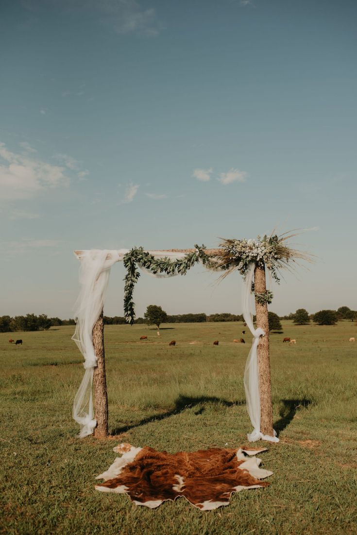 a cow laying on the ground under a wooden arch with flowers and greenery attached to it