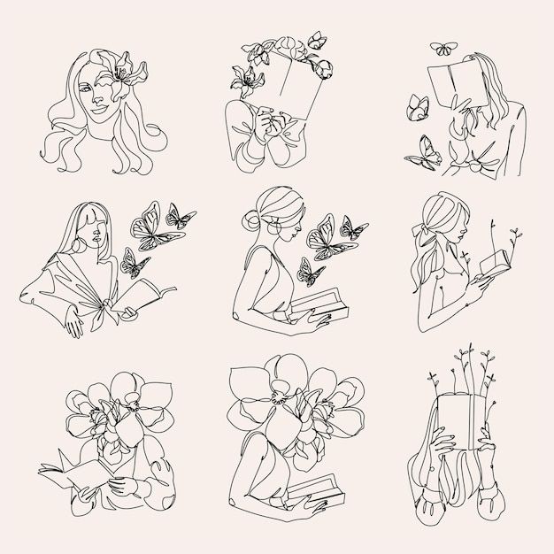 six different drawings of women with flowers and butterflies in their hair, sitting on the ground