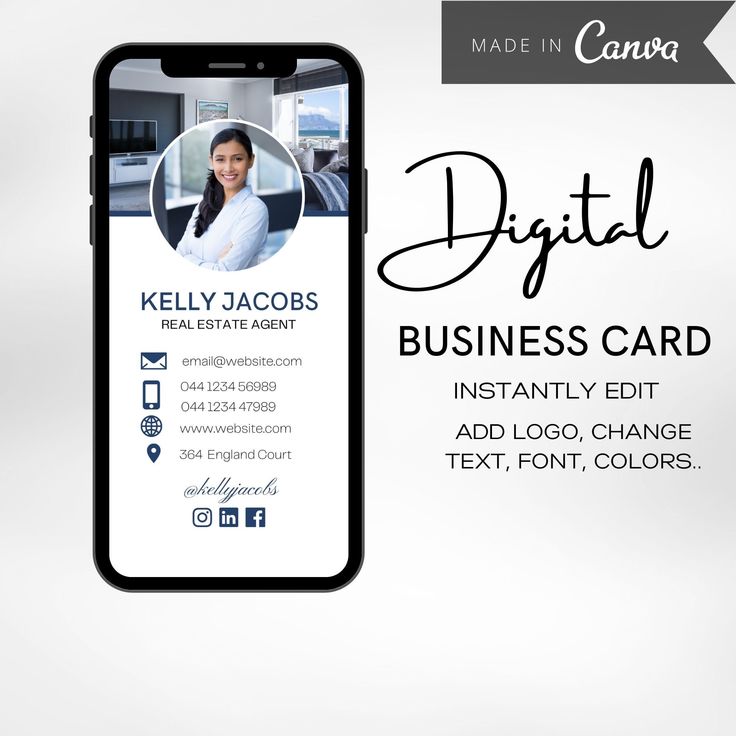 a cell phone with a business card on the screen and an image of a woman's face