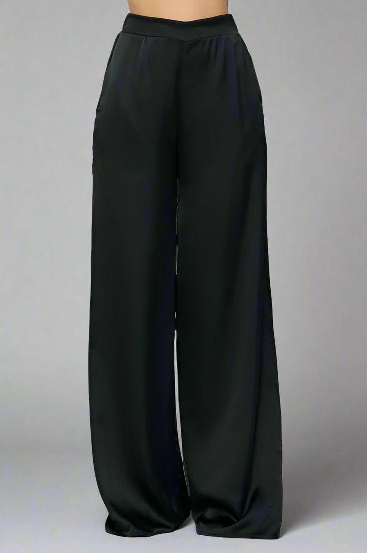 Black Satin Wide Leg Trousers - Premium variable from Tooksie - Just $101.99! Shop now at Tooksie Yoga Chic, Black Wardrobe, Black Wide Leg Trousers, Shirts For Leggings, Cool Sunglasses, Draped Fabric, Top Collection, Shirt Skirt, Wide Leg Trousers