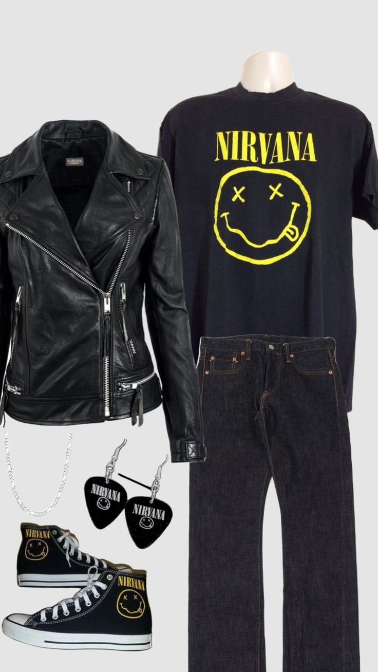 #nirvana #nirvanaaesthetic #outfit #outfitinspo Nirvana Tshirt Outfit, Nirvana Shirt Outfit, Nirvana Outfit, Nirvana Tshirt, Nirvana Shirt, Shirt Outfit Men, Outfit Mujer, Tee Outfit, Glam Rock