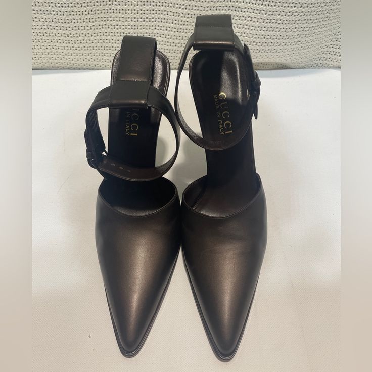 Authentic Gucci 100% Leather Ankle Strap Shoe Heels Pump. Size: 10b Has Small Scratch. Great Condition/No Box. Pls See Picture For More Details. Chic Gucci Heels For Office, Gucci Ankle Strap Heels For Office, Gucci Formal Heels With Heel Strap, Gucci Heels With Buckle Closure And Round Toe, Gucci Round Toe Heels With Buckle Closure, Gucci Formal Heels With Sculpted Heel, Gucci Elegant High Heels, Elegant Gucci High Heels, Elegant Gucci Heels