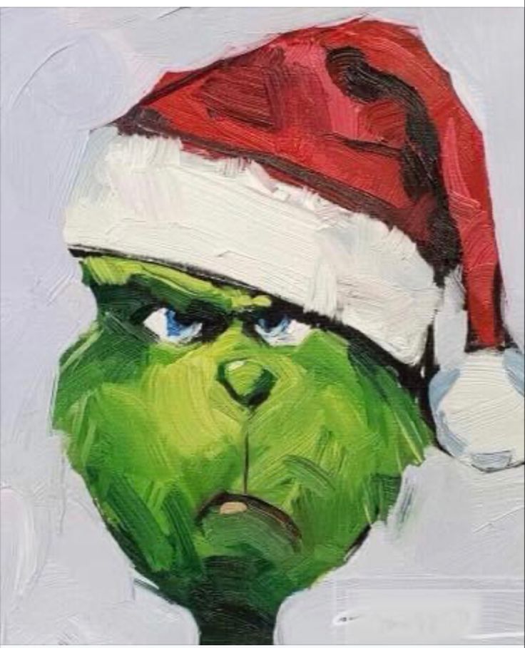 an oil painting of the grin face wearing a santa hat on top of his head