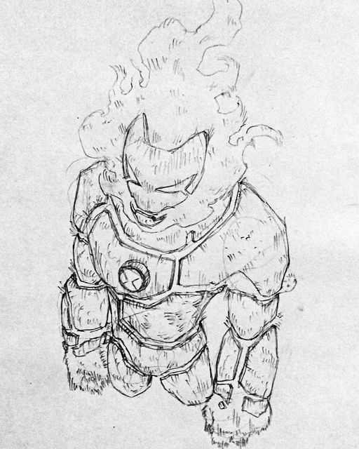 a drawing of a cartoon character with fire coming out of his chest