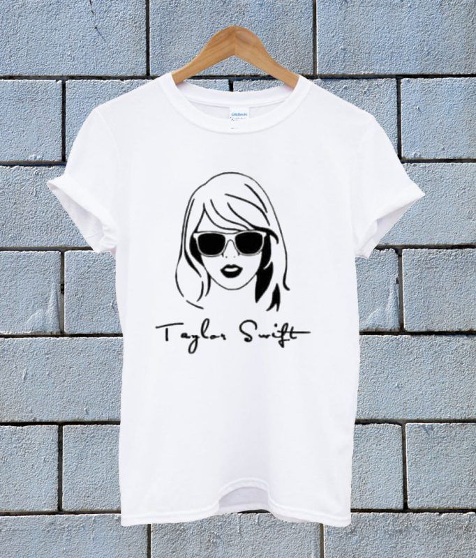 a white t - shirt with the words taylor swift on it and a woman's face wearing sunglasses