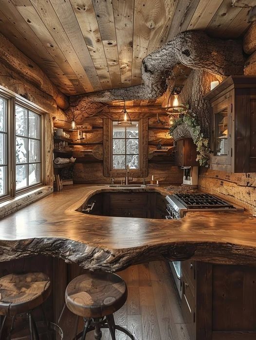 Rustic Log Cabin Kitchens, Log Cabin Kitchen Ideas, Log Cabin Kitchens, Log Cabin Kitchen, Cabin Homes Interior, Cabin Style Homes, Cabin Interior Design, Log Cabin Living, Log Cabin Interior