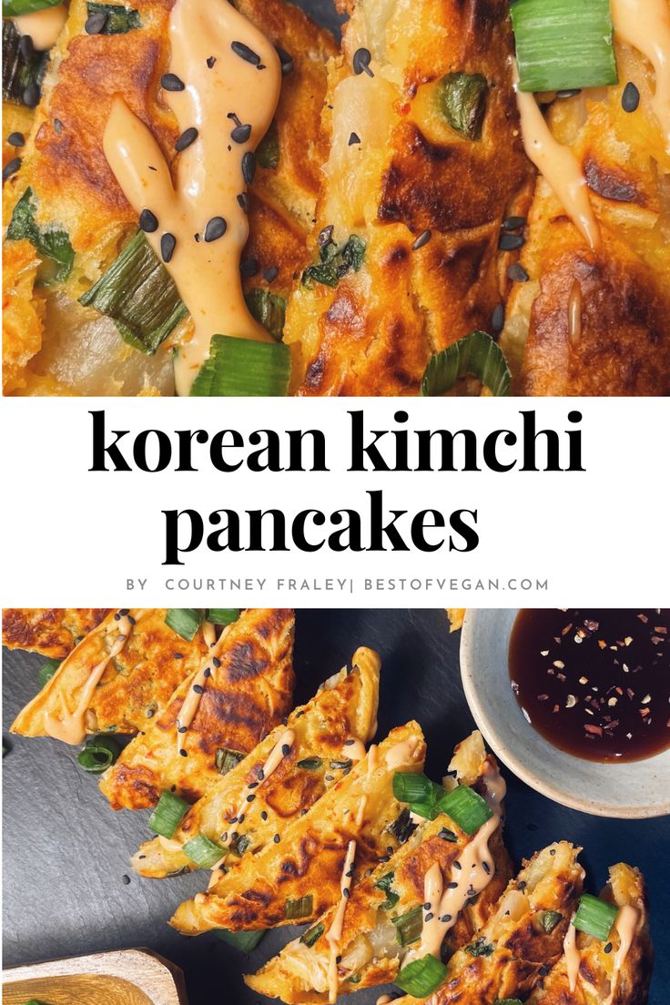 korean kimchi pancakes with sauce and green onions