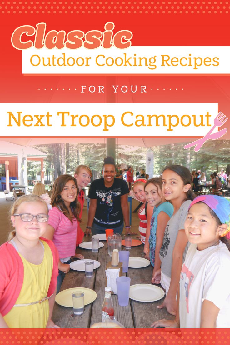 a group of children standing around a table with food on it and the words classic outdoor cooking recipes for your next troop campout