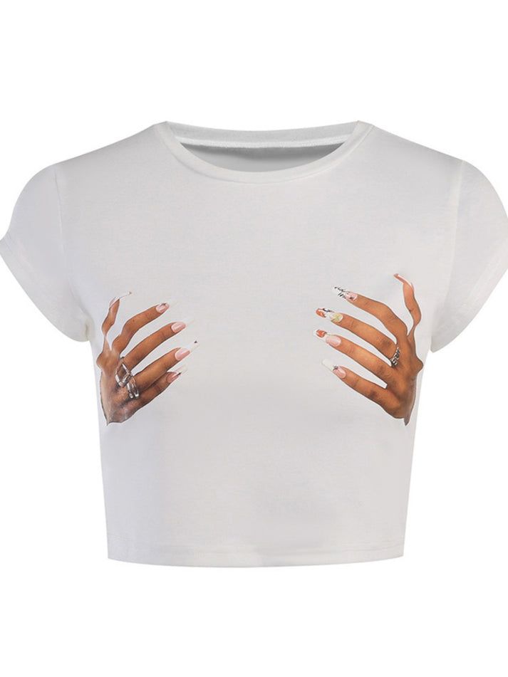 Sitara Hands Print T-Shirt Trendy White Stretch Crop Top, White Graphic Print Stretch Crop Top, Stretch White Crop Top With Graphic Print, White Stretch Trendy T-shirt, Trendy White Stretch T-shirt, White Stretch Crew Neck Crop Top, White Stretch Crop Top With Crew Neck, White Graphic Print Crop Top T-shirt, Trendy Summer Crop Top T-shirt