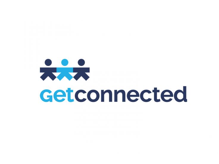 the get connected logo is shown in blue and white, with three people standing around it