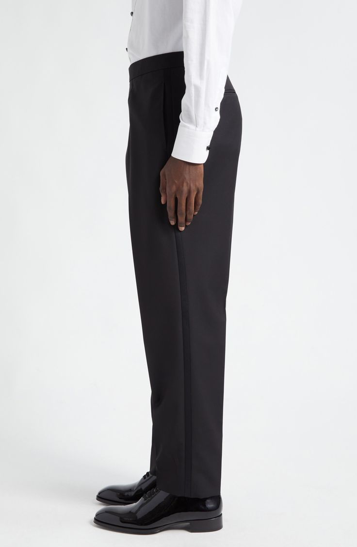 Elevate your formal or evening look with these tuxedo pants impeccably tailored from a refined wool-and-mohair blend and finished with satin side stripes. Zip fly with hook-and-bar tab closure Side-seam pockets; back welt pockets Cupro lining 84% wool, 16% mohair Dry clean Made in Turkey Designer Clothing Elegant Straight Dress Pants For Evening, Black Tuxedo With Pressed Crease For Evening, Fitted Tuxedo Style Party Bottoms, Fitted Tuxedo Bottoms For Party, Black Evening Tuxedo With Pressed Crease, Black Evening Suits With Structured Boning, Elegant Evening Dress Pants With Structured Boning, Black Tuxedo Suits With Structured Boning, Black Tuxedo With Structured Boning