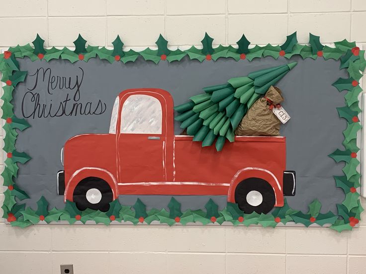 a red truck with a christmas tree in the back