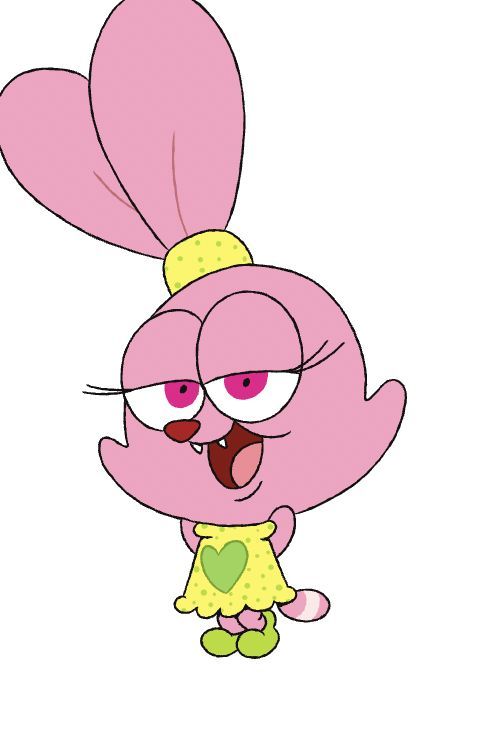 an animated pink bunny with big ears and glasses on her head, standing in front of a