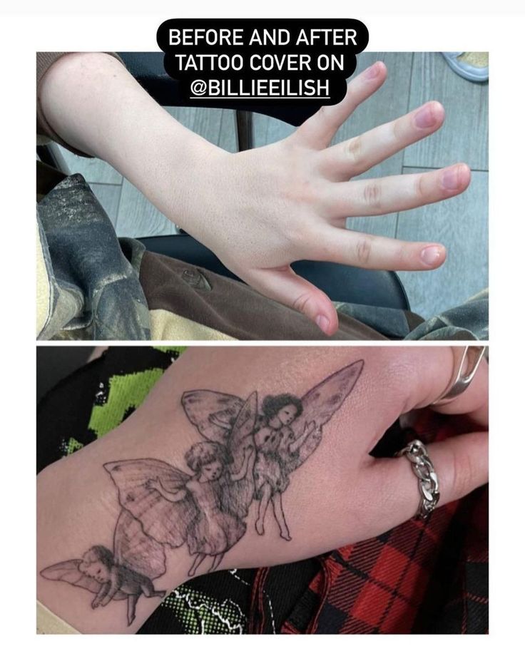 two different tattoos that are being tattooed on someone's arm and the same one has been