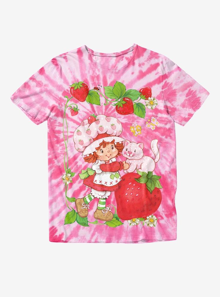 Wherever Strawberry Shortcake goes  Custard the cat goes! This supersweet tie-dye tee shows a jumbo print of the vintage cartoon character caressing Custard  surrounded by strawberry vines. Please note: Wash pattern may vary. Please note: Style runs large; size down for a tighter fit. Strawberry Shortcake Crop Top, Strawberry Shortcake Shirt Vintage, Strawberry Shortcake T Shirt, Strawberry Shortcake Shirt Outfit, Strawberry Shortcake Clothes, Strawberry Jeans, Strawberry Shortcake Shirt, Strawberry Shortcake Custard, Strawberry Girl