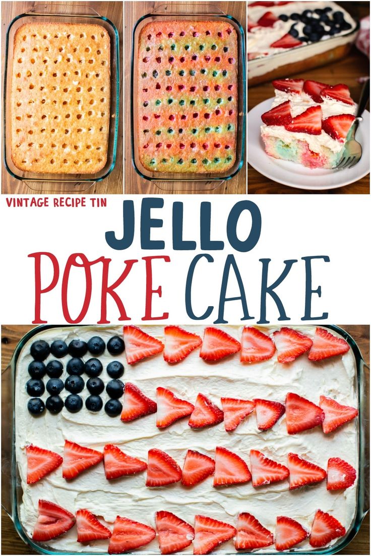 jello poke cake with strawberries and blueberries in it