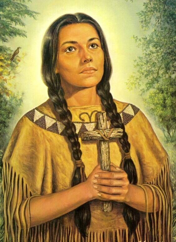 a painting of a native american woman with braids holding a cross in her hands