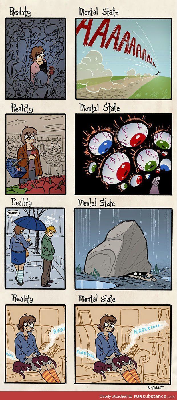 cartoon comics showing different stages of life in the rain and on the ground, with words describing