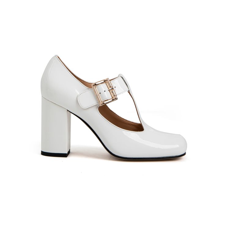 Hilary T-Strap Heeled Mary Jane Pump- Cream High Heel Mary Janes With Buckle For Office, High Heel Mary Janes With Buckle Closure For Office, Office High Heel Mary Janes With Buckle, Office High Heel Mary Janes With Buckle Closure, Office Mary Janes With High Heel And Buckle Closure, White Heels With Buckle Closure For Office, Chic Square Toe Mary Janes For Party, Mary Jane Style High Heels With Contrasting Heel Counter, Chic Mary Janes With Square Toe For Party