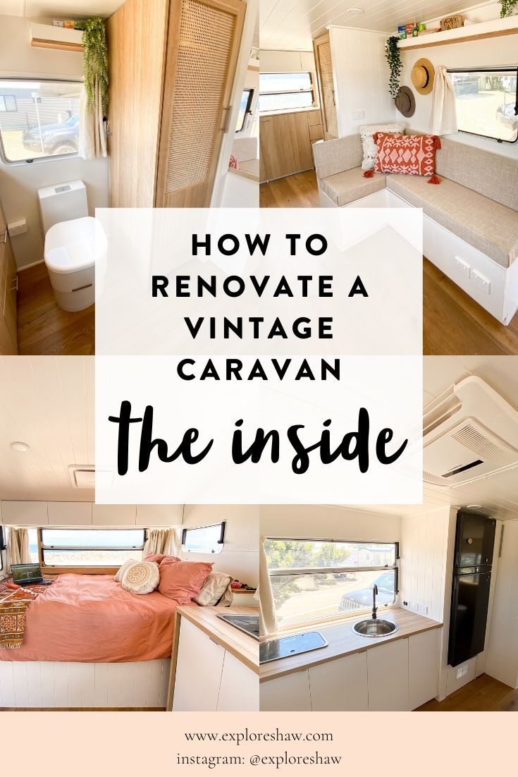 the inside of an rv with text overlay that reads how to renoate a vintage caravan