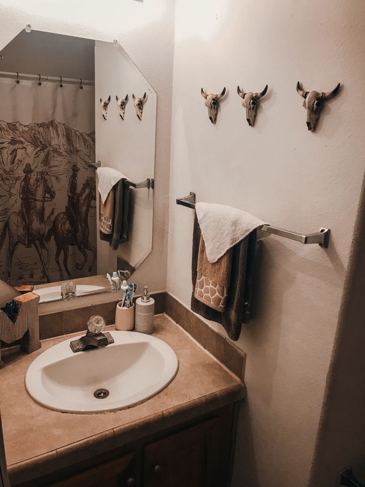 a bathroom sink sitting under a mirror next to a towel rack with deer heads on it