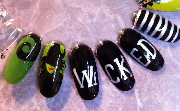 Tracy Sabatino Wicked Nail Art Wicked Nail Art, Wicked Musical Nails, Wicked Inspired Nails, Wicked Nails Musical, Hamilton Nails, Wicked Nails, Broadway Nails, Acrylic Ideas, Wicked Musical