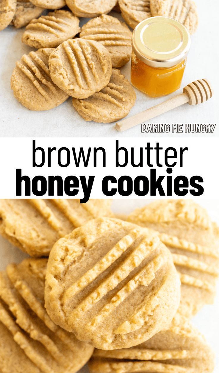 peanut butter honey cookies are stacked on top of each other with the words, brown butter honey cookies