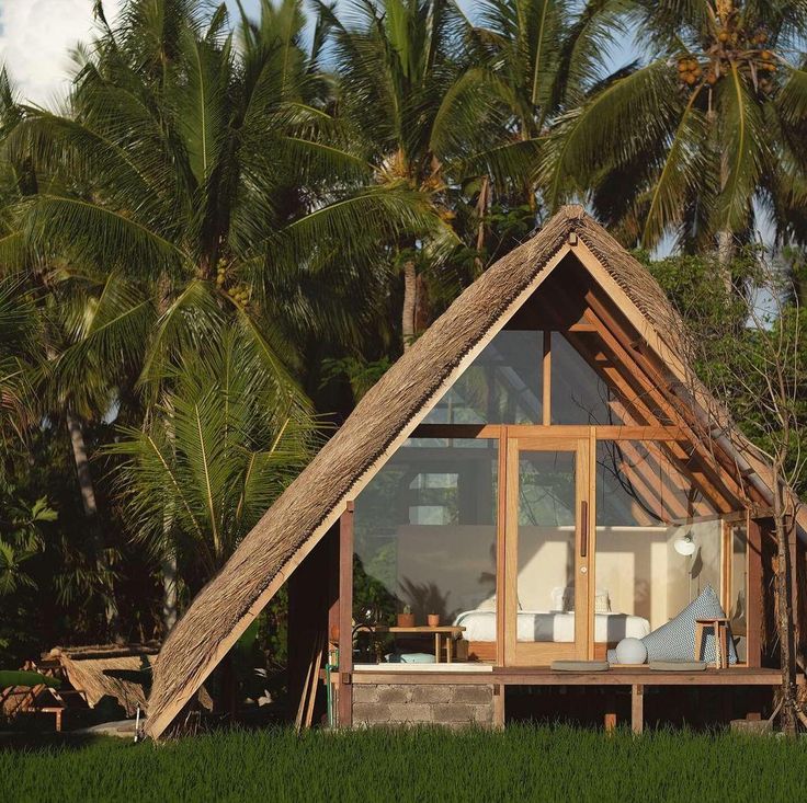 a small house with a thatched roof in the middle of some grass and palm trees