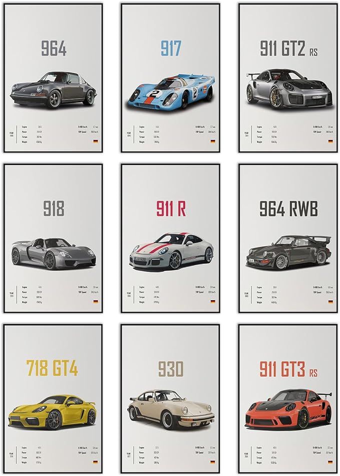 eight different cars are shown in the same size and color, each with their own number