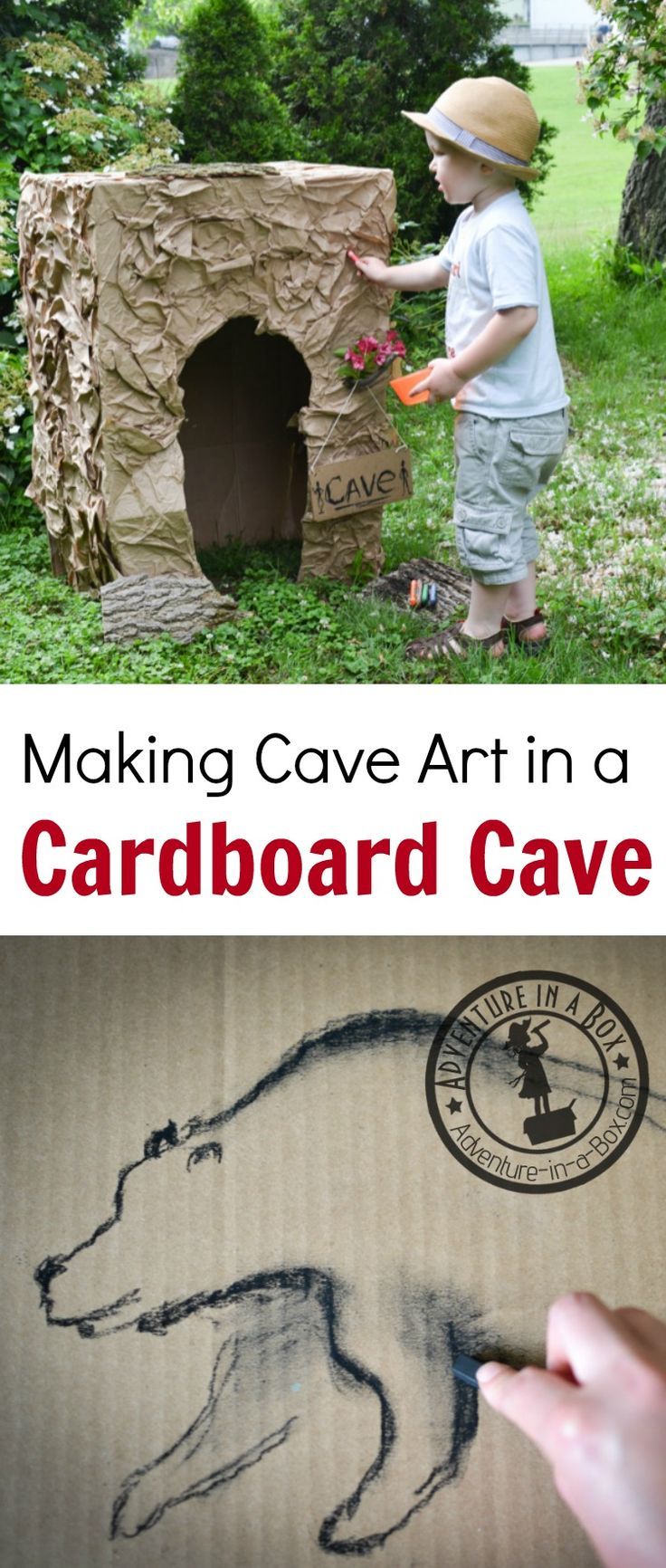 two pictures with the words making cave art in a cardboard cave and an image of a child