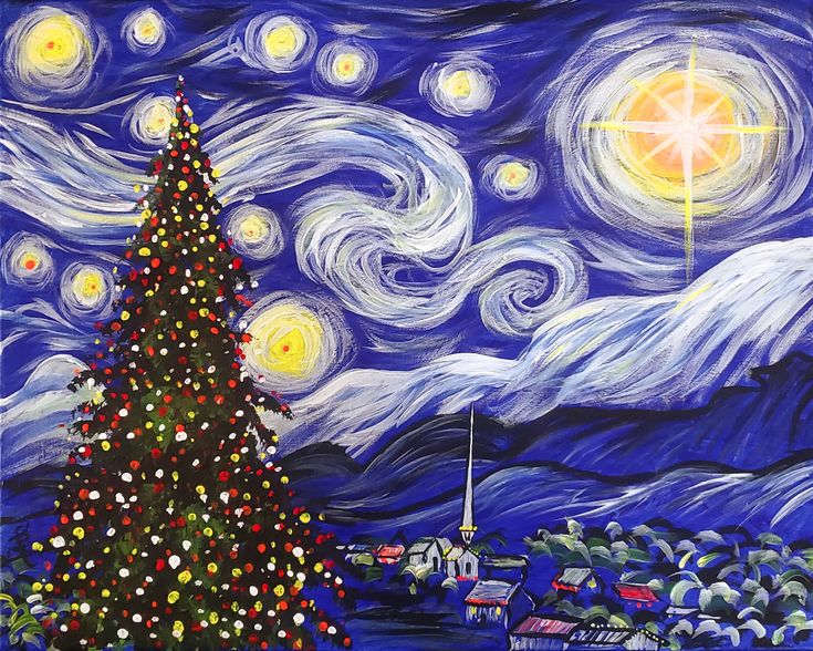 a painting of a christmas tree in front of a night sky with stars and the moon