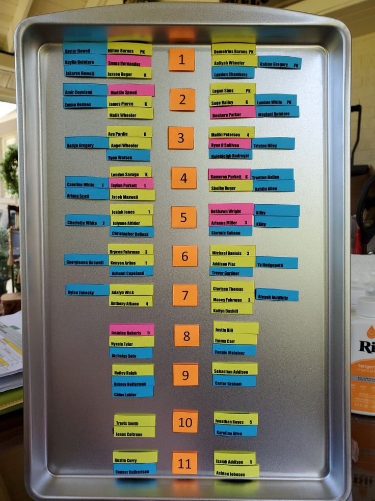 a metal tray with several different colored sticky notes on it and numbers in each row