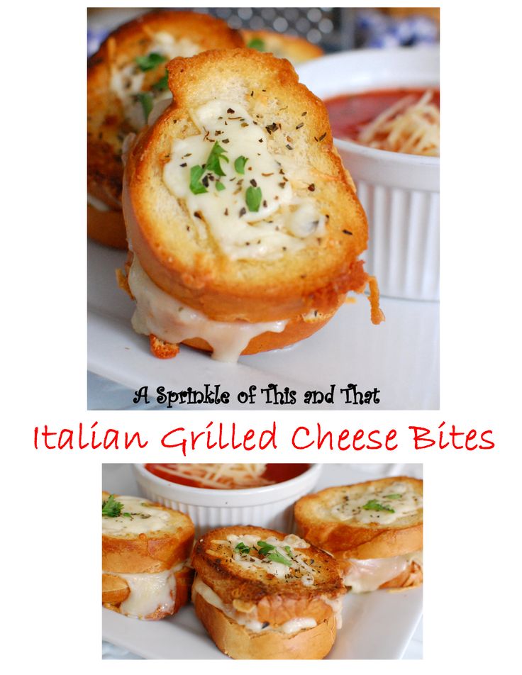 two pictures with different types of food on them and the words italian grilled cheese bites