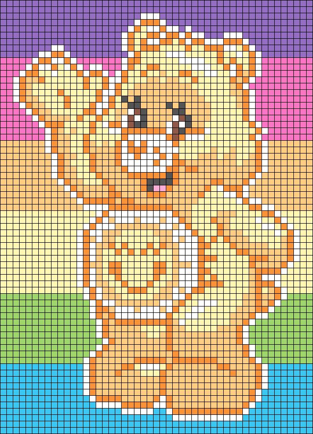 a cross stitch teddy bear is standing in front of a rainbow colored background and has one hand on his hip